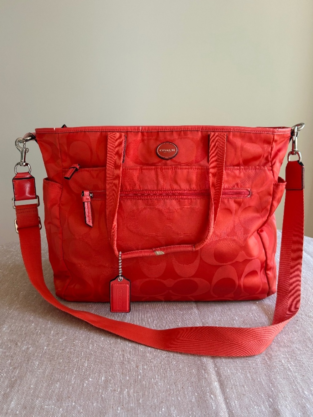 Coach Coral Orange Signature Nylon Diaper Bag Travel Tote Crossbody F77577 As Is